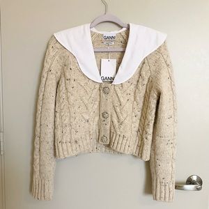 GANNI SWEATER XS WHITE poplin collar cardigan